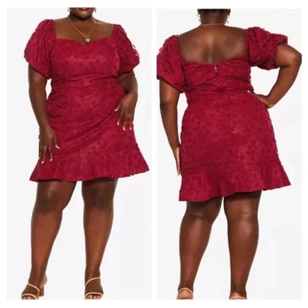 City Chic Plus Size 20 Red Dress Party Floral Lace Mini Puff Sleeve Love Date